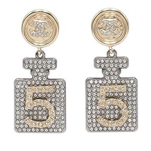 Chanel Gold Plated And Silver Plated Cc Rhinestone No 5 Perfume Bottle Drop Push